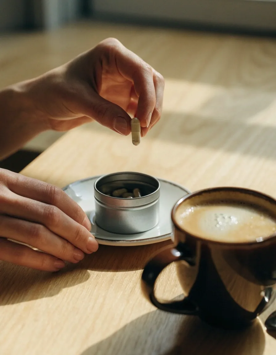 Hand nimmt eine Kapsel aus einer Dose neben einer dampfenden Kaffeetasse