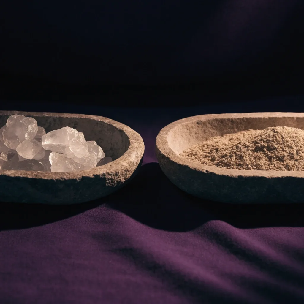 Zwei flache Schalen mit Mineralflocken und gemahlenem Pflanzenmaterial auf dunklem Stoff