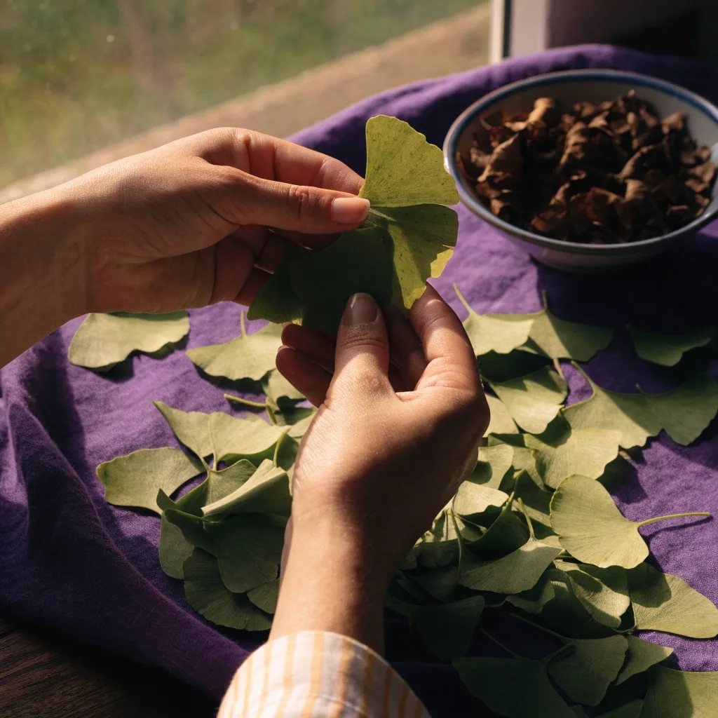 Getrocknete Ginkgoblätter auf violettem Tuch