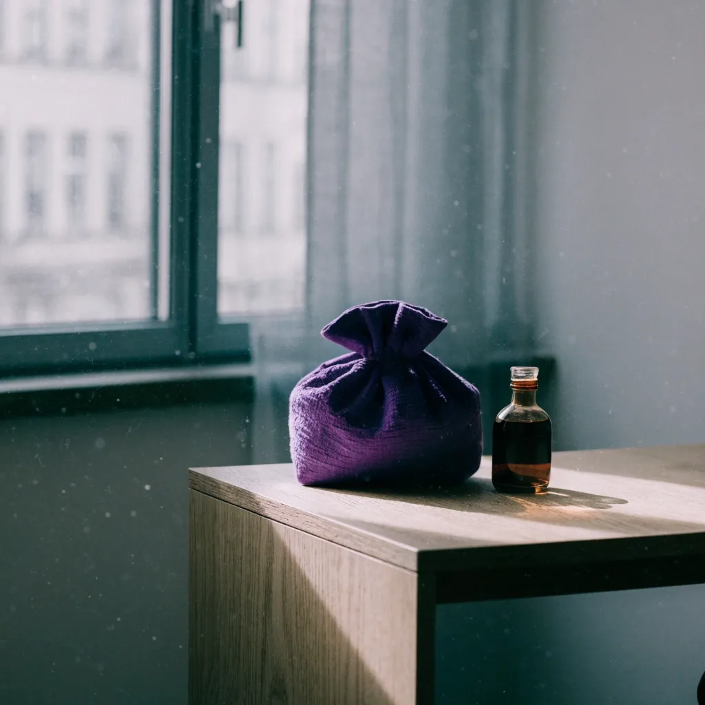Schreibtisch am Fenster mit violettem Tuch und verschlossenem Glas in Berlin
