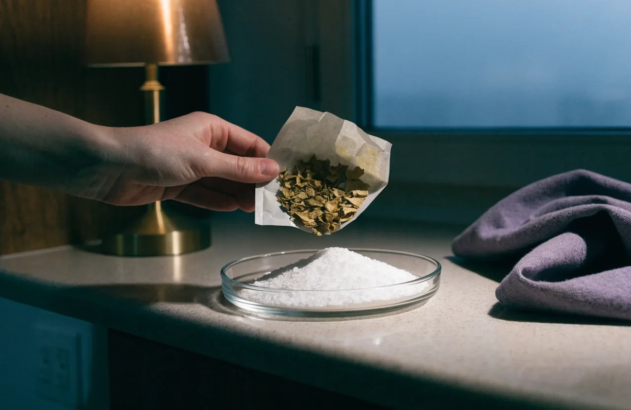 Breite Anordnung von Ginkgo-Blättern und hellen Vitamin-C-Kristallen auf violettem Stoff von oben