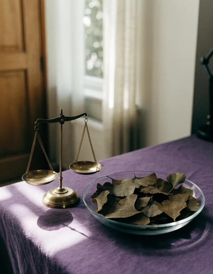 Ein einzelnes Ginkgo-biloba-Blatt auf violettem Leinentuch, von warmer Lampe von oben hinterleuchtet