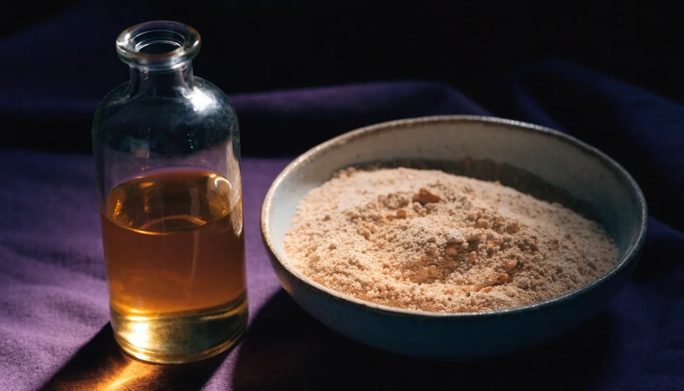 Bernsteinfarbene Glasflasche neben einer Schale mit gemahlenem Wurzelpulver auf violettem Tuch