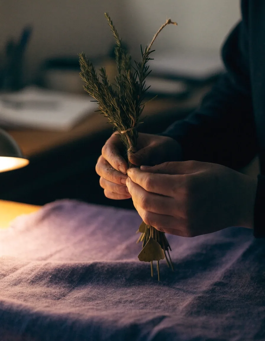 Getrocknetes Kräuterbündel mit Schnur auf violettem Albumtuch, einzelne warme Lampe von oben