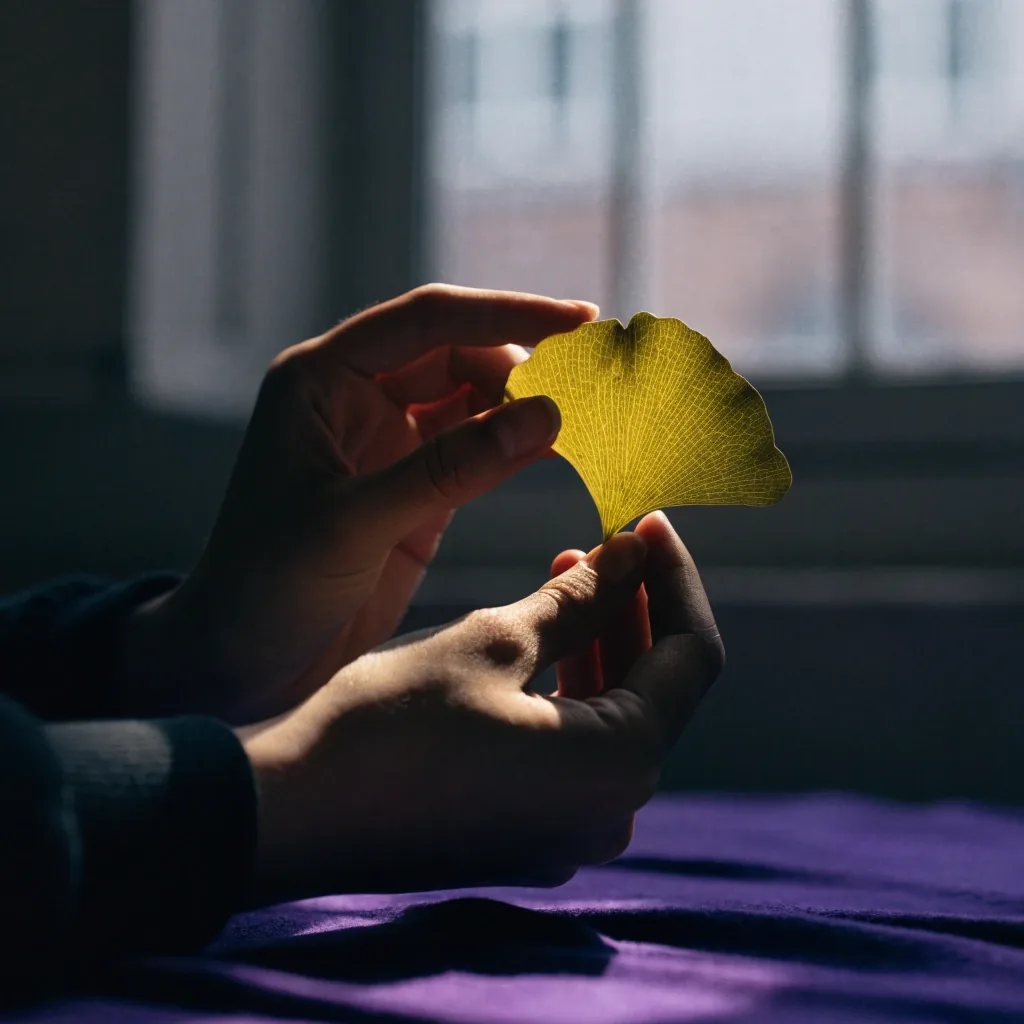 Ginkgo-blatt als Nahaufnahme auf violettem Tuch